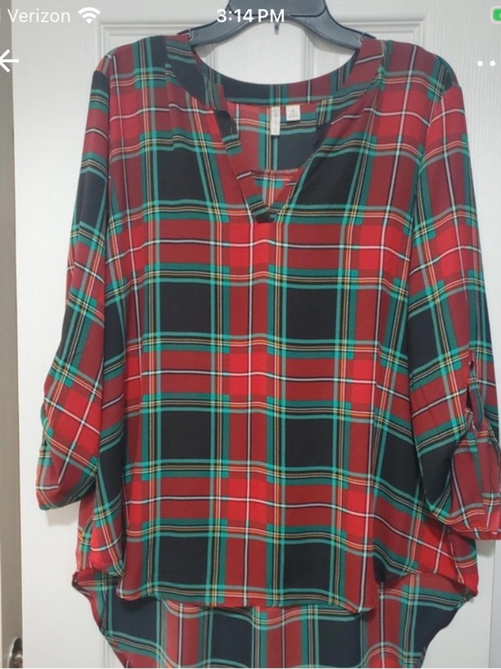 Cato Red and Green Plaid Split-Neck Tunic